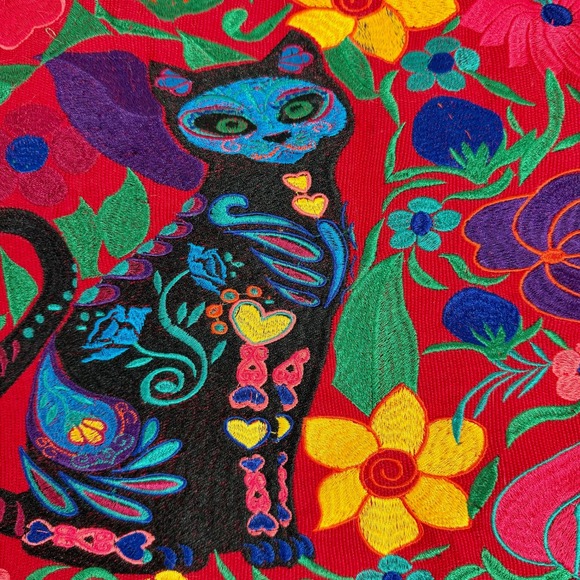 Red Embroidered Cat Floral Tote Bag Zipper Top Art Day of the Dead Inspired - Picture 11 of 14
